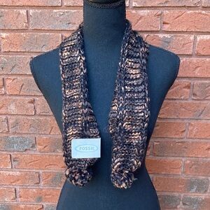 Fossil Black and Brown Knit Scarf with Pom-Poms